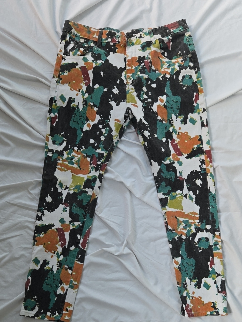 Men's Funky Multicolored Jeans, Green, Orange, Red, Black, On Front & Back